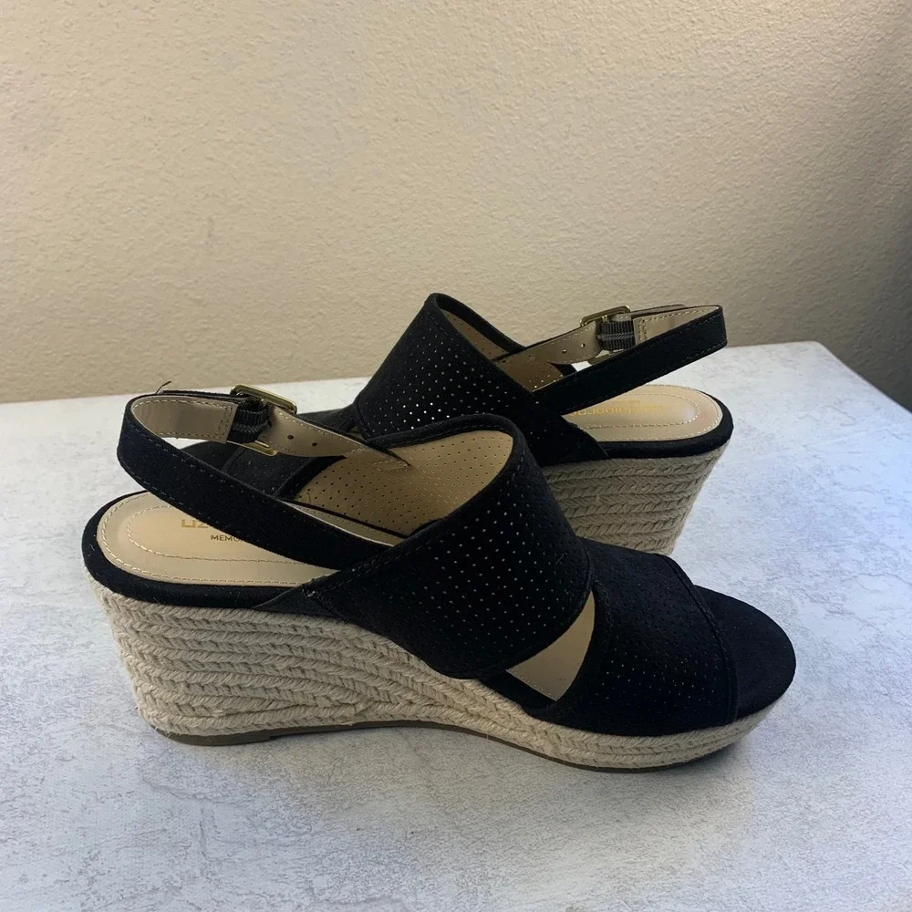 Liz Claiborne 8.5 Wedge Sandals Black LC Hatcher Perforated Espadrille Slingback